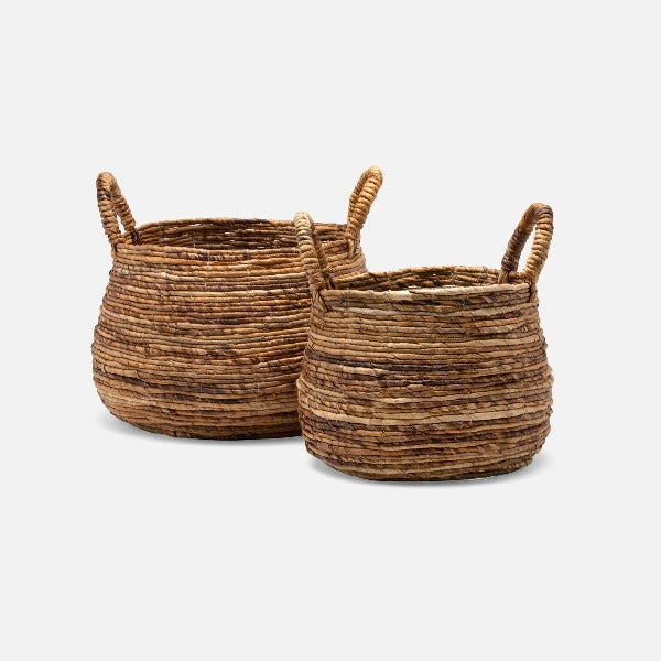 Woven Basket With Leather Handles Set of 2