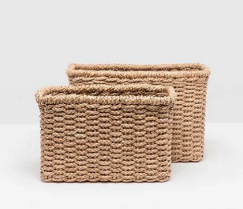 Woven Rattan and Faux Leather Baskets, Set of 2